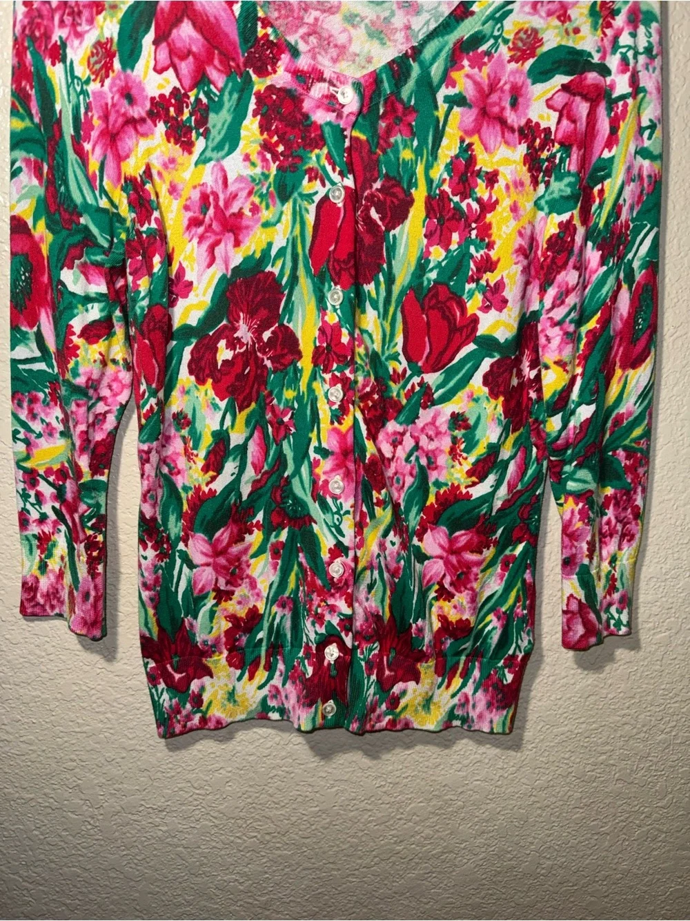 Talbots Small Floral Cardigan Pink Green Button Front Sweater